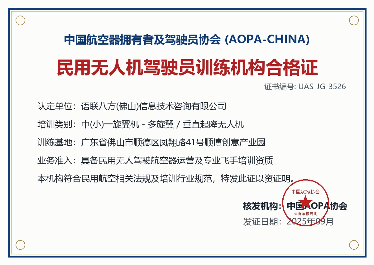 民用无人机驾驶员训练机构合格证